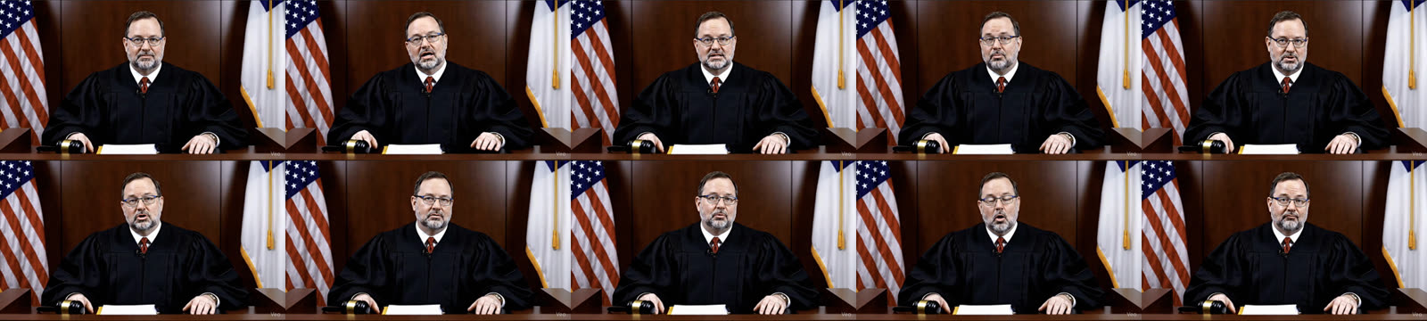 Ten frames from the video. The same judge sits at the same bench in front of the same flags in every frame.